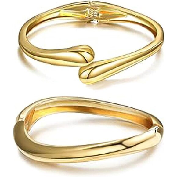 Gold 2 Sets Bangle Bracelets for Women and Teens Adjustable Chunky Twist Cuff - Picture 1 of 6